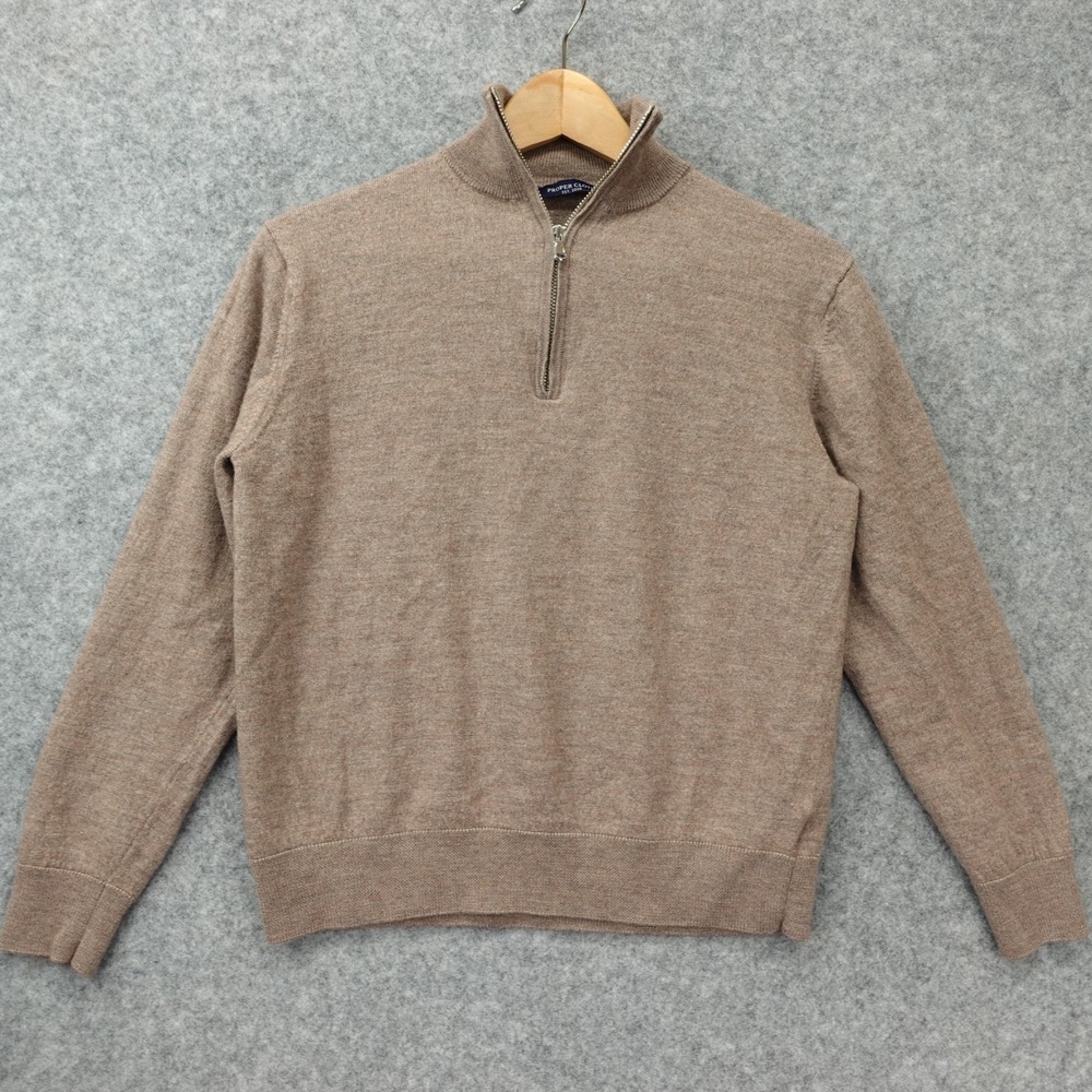 PROPER CLOTH Sweater Mens S Taupe Gray Silk Merino Wool Gaucho Crop Quarter Zip